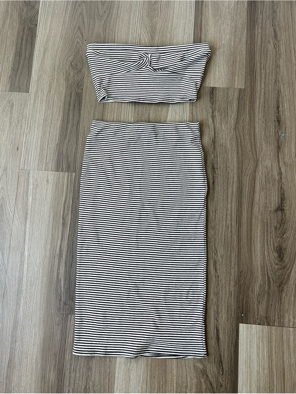 Striped Tube Top & Midi Skirt Set - Black and White